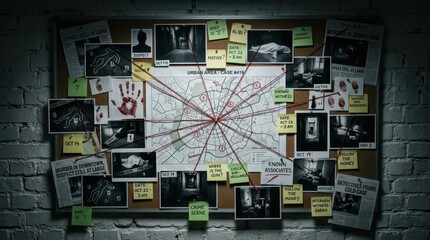 Fototapeta na wymiar Detective Investigation Board with Crime Scene Photos, Map, and Red String Connections on Brick Wall