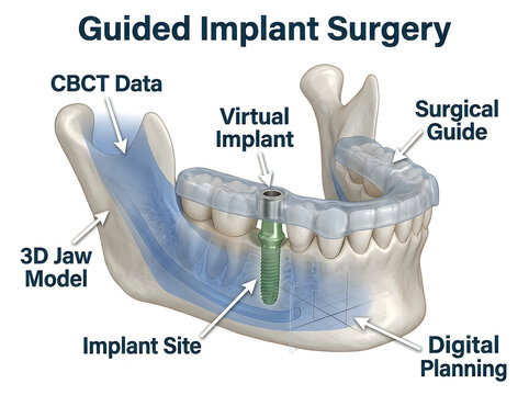 Guided Dental Implant Surgery Medical Infographic with 3D Surgical Guide CBCT Planning and Mandible Model Diagram Isolated