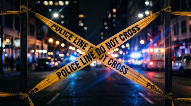 Yellow Police Line Do Not Cross Tape at a Night Crime Scene with Blurred Emergency Vehicle Lights in the City