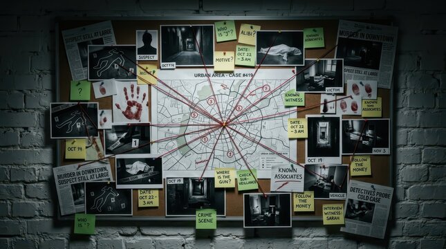 Detective Investigation Board with Crime Scene Photos, Map, and Red String Connections on Brick Wall