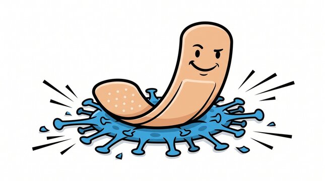 Cartoon adhesive bandage character crushing blue virus cell, medical plaster mascot defeating bacteria, healthcare icon