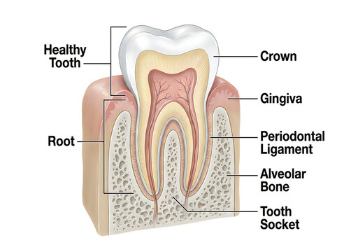 Healthy Tooth Anatomy Cross Section Medical Illustration Showing Crown Root Gingiva and Alveolar Bone Diagram Isolated