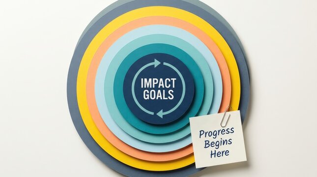 Impact goals text surrounded by colorful paper circles with a note saying progress begins here now