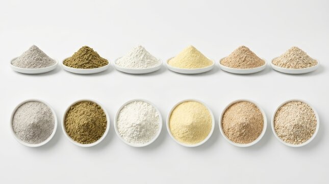 Variety of Different Types of Flour and Grains in White Bowls Isolated on White Background for Baking and Cooking