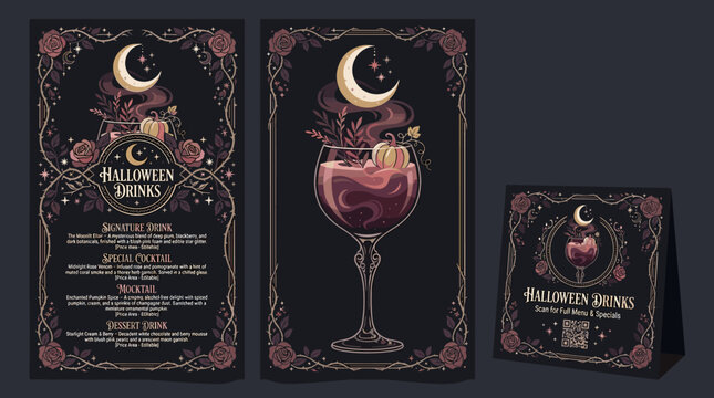 Halloween Cocktail Menu Vector Template with Elegant Gothic Floral Frame and Moon Design
