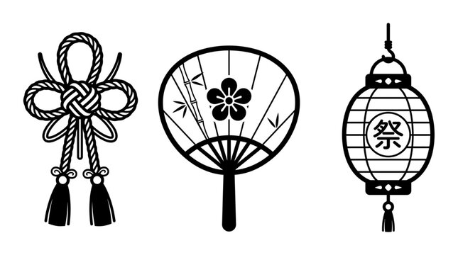 Vector illustration of traditional Japanese festival symbols including decorative knot tassel, round uchiwa fan, and chochin paper lantern