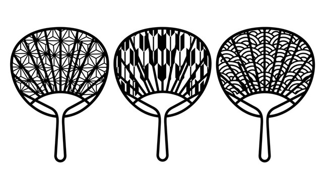 Vector illustration of traditional Japanese uchiwa hand fans with geometric asanoha yabane and seigaiha patterns