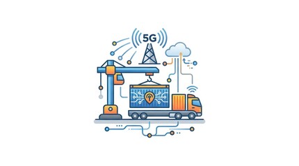 Fototapeta premium 5G smart construction site with crane and connected truck.