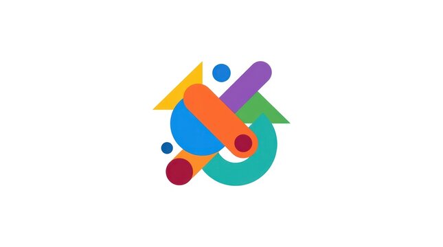 Abstract composition of colorful geometric circles and rounded rectangles.