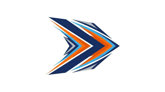Abstract dynamic arrow logo with orange and blue stripes.