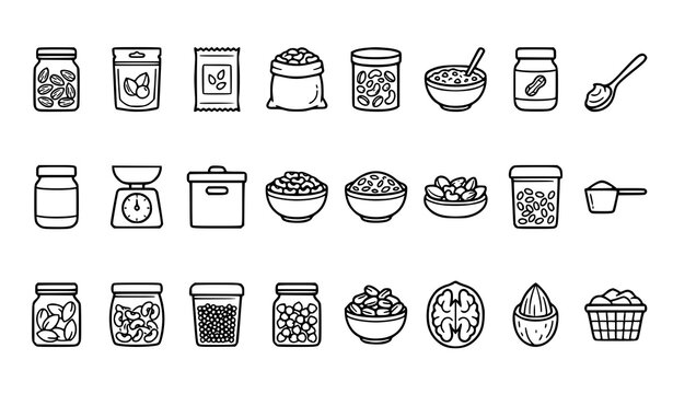 Nuts Seeds and Beans Pantry Outline Icons with Jars Pouches Bowls Storage Containers and Food Ingredients