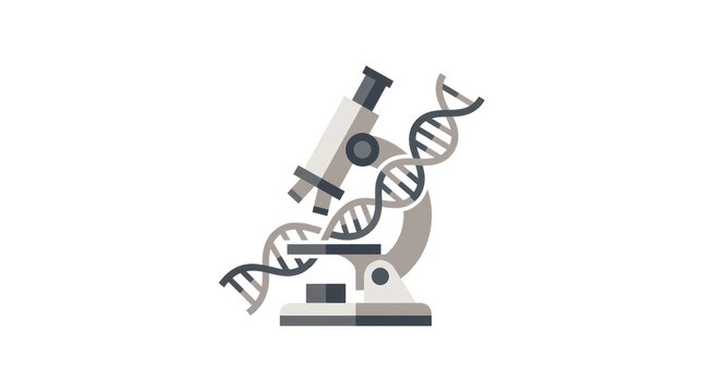 Angled laboratory microscope with DNA helix illustration.