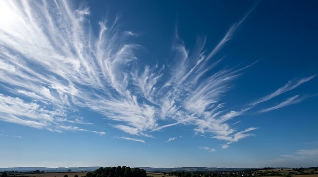 Delicate thin white cirrus clouds stretching across a clear deep blue sky in elegant feather-like and streaky patterns, soft natural daylight, distant low green hill with trees along the bottom horizo