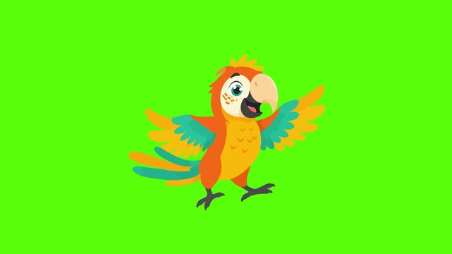 Animated colorful parrot flapping wings on green screen. 4K Video