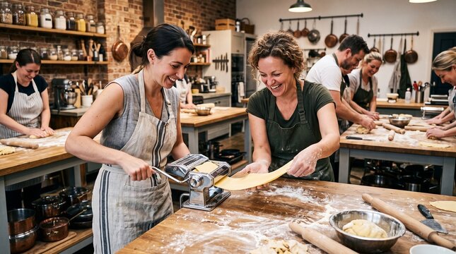 Women Laughing While Making Fresh Pasta in a Cooking Class Kitchen