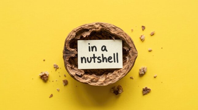 Empty brown walnut shell containing a paper note with the idiom in a nutshell written clearly