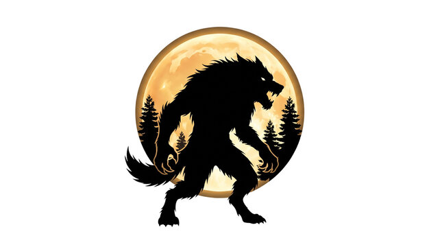 Werewolf silhouette against full moon, mythical beast in forest night, lycanthrope monster graphic for Halloween horror themes isolated PNG with Transparent Background