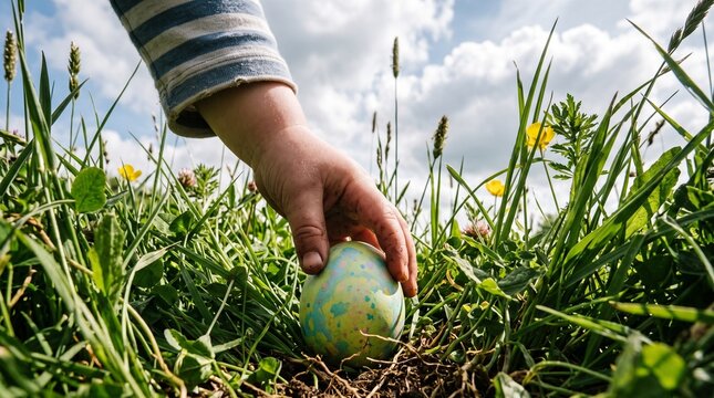 Childs hand reaching for a colorful painted egg hidden in green grass during an Easter egg hunt