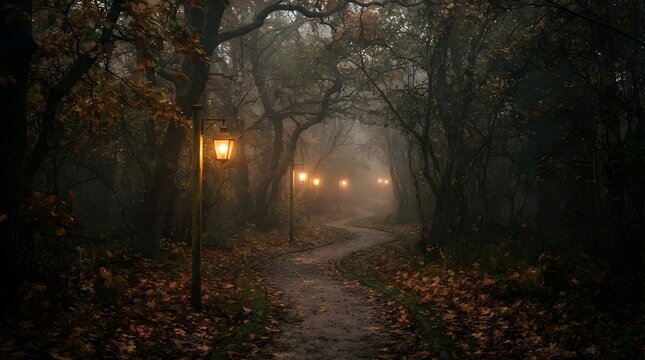 Misty forest path with warm street lamps casting glow through fog, trees lining the way &mdash; atmospheric evening woodland scene.