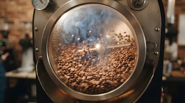 Coffee roasting machine drum filled with brown beans, steam rising during roasting process, industrial equipment in warm light.