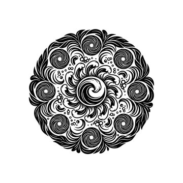 Celestial sun mandala with spiral waves and dots on a black background