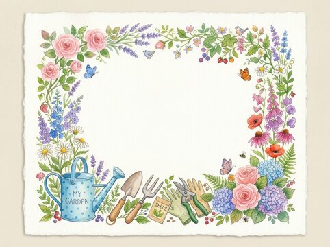 Floral border with gardening tools frames a blank watercolor paper background with copy space.