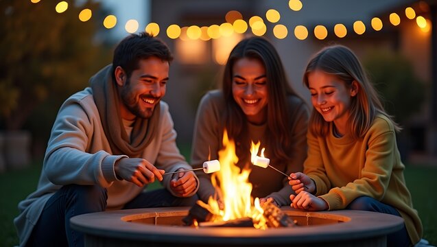 Happy family roasting marshmallows together over a backyard fire pit at night with marshmallow roasting backyard