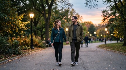 Fototapeta premium Couple holding hands walking in a park at dusk with lampposts and autumn leaves