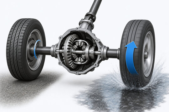 Open differential one wheel slip technical illustration