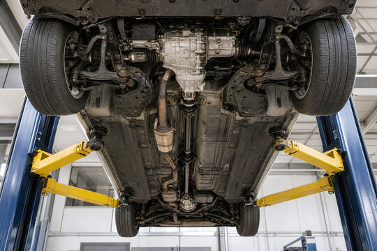 Underside of vehicle on workshop lift
