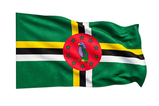 Waving flag of dominica with national emblem against a dark background