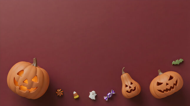 Spooky Halloween border with carved pumpkins, candy corn, plastic ghost and spider on brown background for Halloween, spooky, tricker or treat