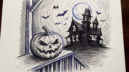 Naklejka premium Spooky jack-o-lantern and haunted house halloween sketch.