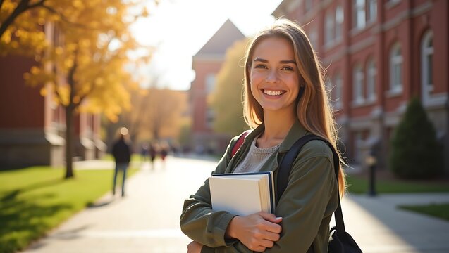 Smiling female college student holding books outdoors on campus during sunny autumn day with university