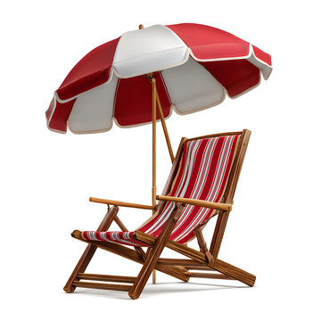 Striped wooden lounge chair under red and white beach umbrella with wooden furni