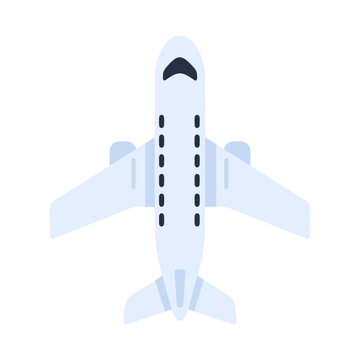 Stylized overhead illustration of a light blue passenger aircraft for global travel and transportation.