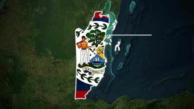 Belize Flag Map on Caribbean Background, Belize Country Map Highlighted, Belize Location Map with Flag, Belize Geographic Map Animation, Belize National Flag Map