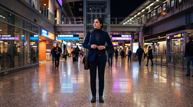 Stylish young professional in a modern transit concourse at night