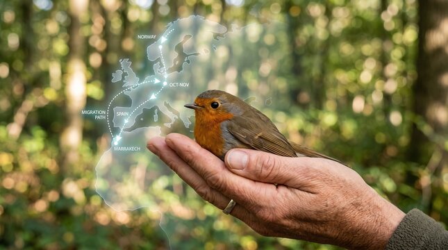 Hand cradling a european robin with migration path overlay