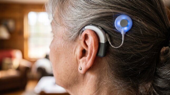 Cochlear implant device worn behind the ear close up photograph