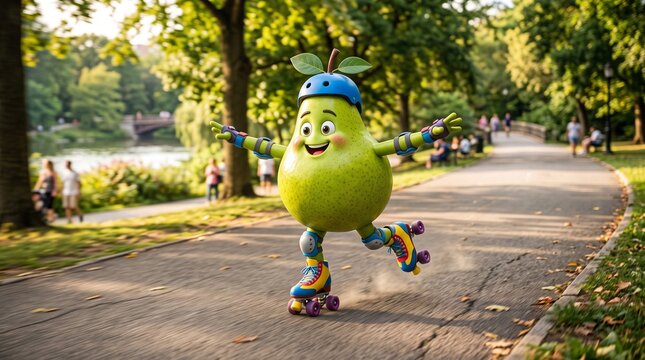 Anthropomorphic pear character roller skates along a park pathway