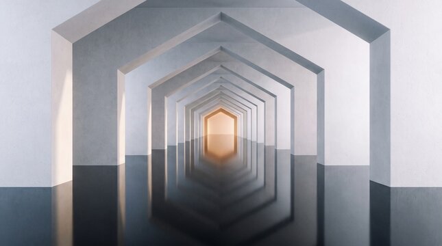 Pentagonal tunnel stretches into the distance a 3d architectural rendering