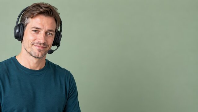 Confident Customer Support Man Wearing Headset with Copy Space on Sage Green Background