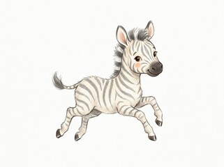 Fototapeta premium Baby zebra runs joyfully in a watercolor art style against a pure white background.