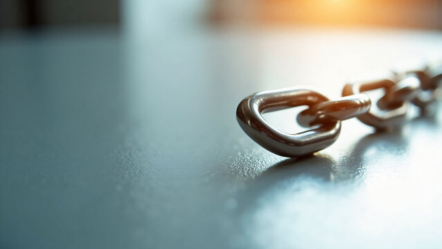 Metal Chain on Reflective Surface with Sunlight Highlight