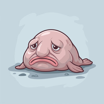 Vector illustration of a pink blobfish with a sad expression, out of water on a flat surface, featuring drooping eyes and a large nose-like feature on a light blue background.
