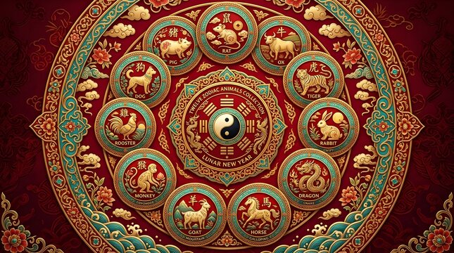 Traditional twelve chinese zodiac animals arranged in circular ornate gold patterns on deep red background for festive lunar new year celebration