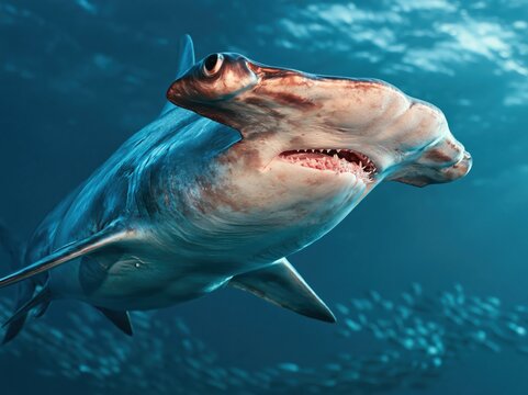 Close-up underwater view of a hammerhead shark swimming in the deep blue ocean