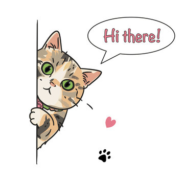 Adorable cat character peeking out with a friendly &ldquo;Hi There!&rdquo; message. A cheerful and playful design for cat lovers, cute gifts, stickers, and everyday products.