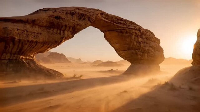 Majestic natural rock arch in a barren desert landscape with blowing sand and dust storm during golden hour sunlight
